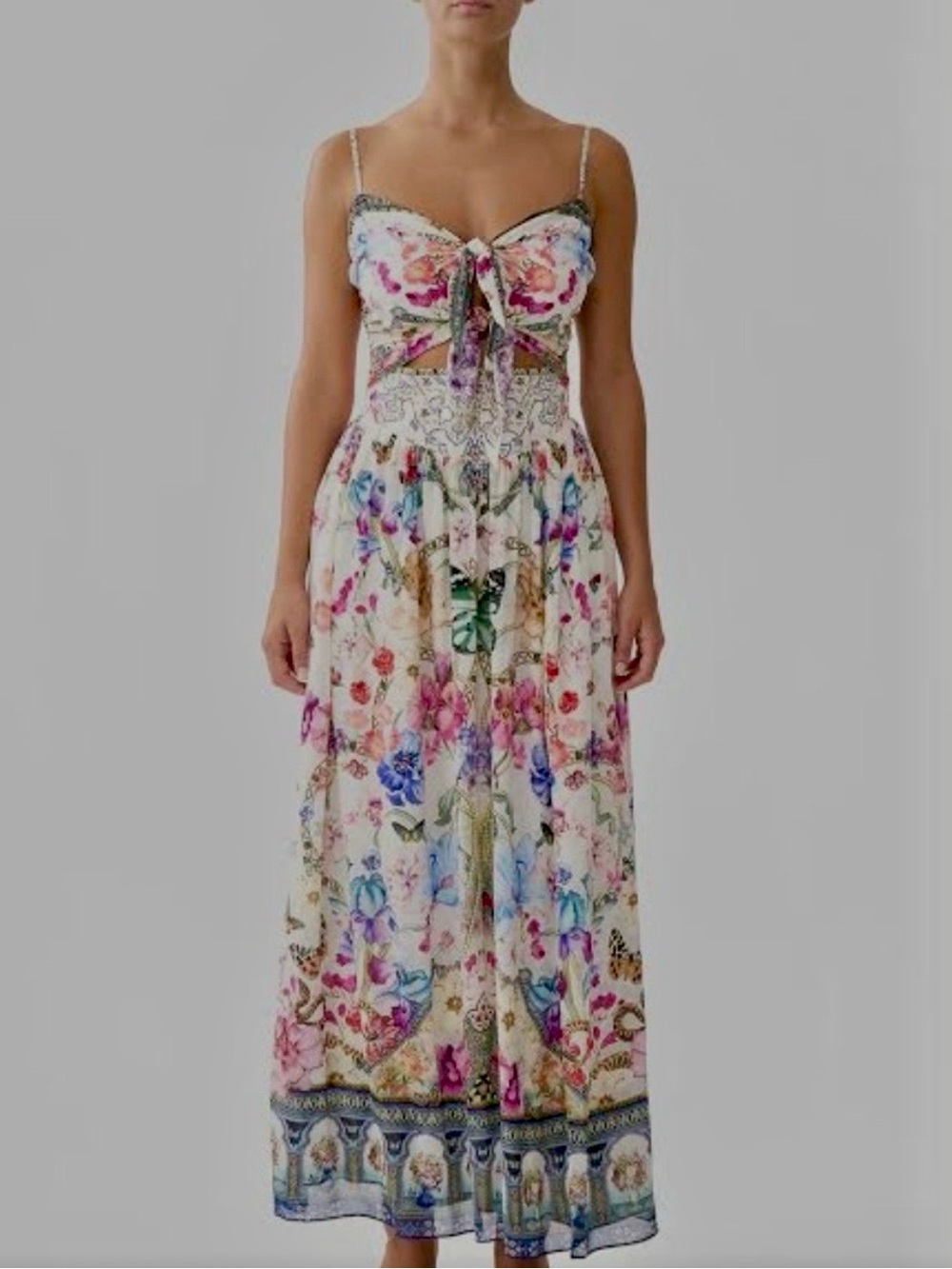 Camilla Floral Tie-Front Maxi Dress 100% Silk
